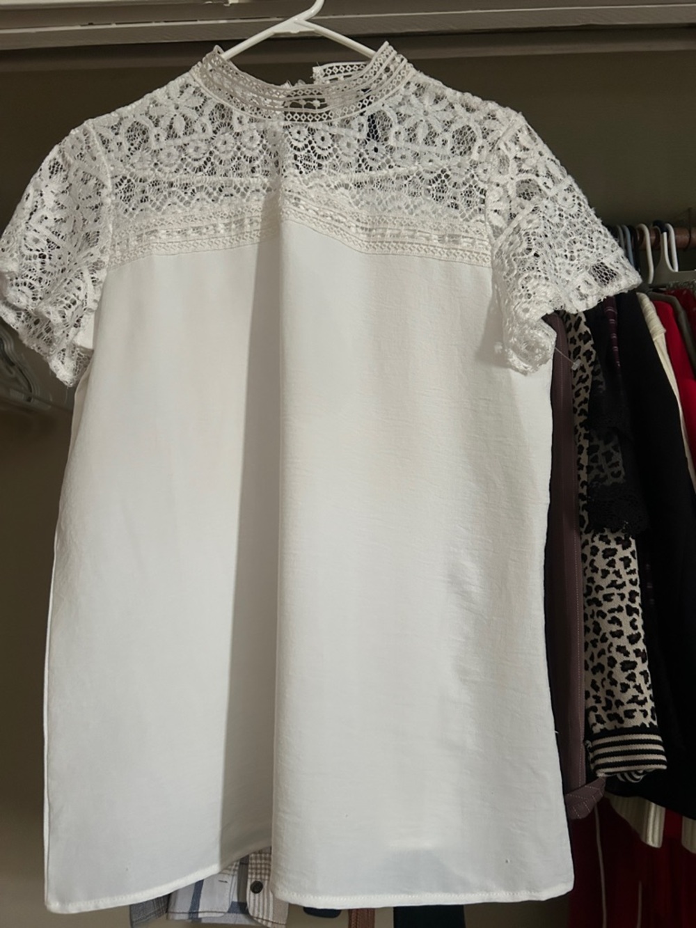 White Lace Yoke Short Sleeve Blouse - Women's